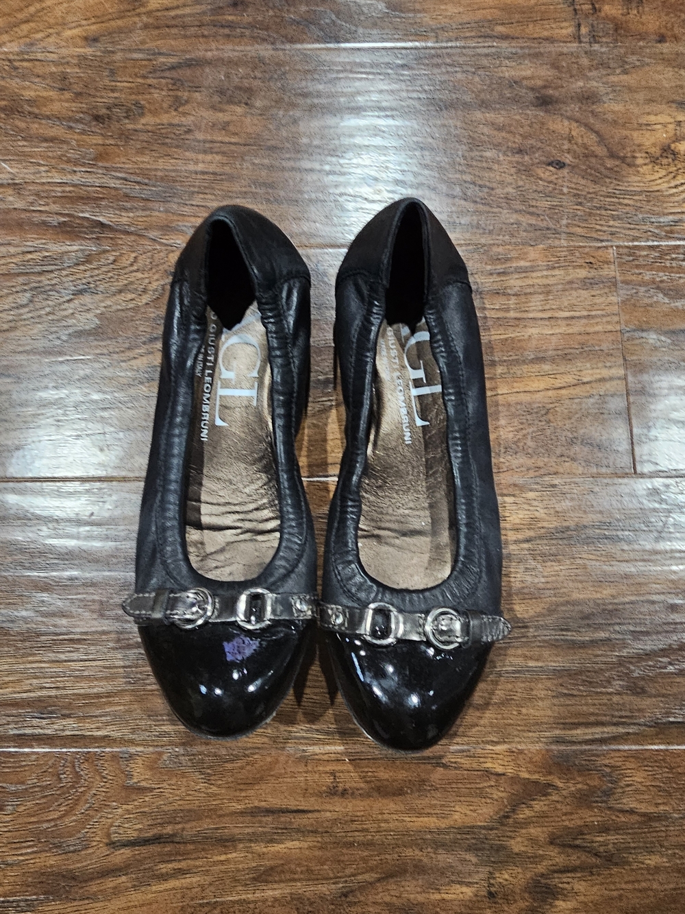 AGL Monika Cap Toe Leather Black Ballet Flats with Decorative Buckle Strap - Picture 3 of 4